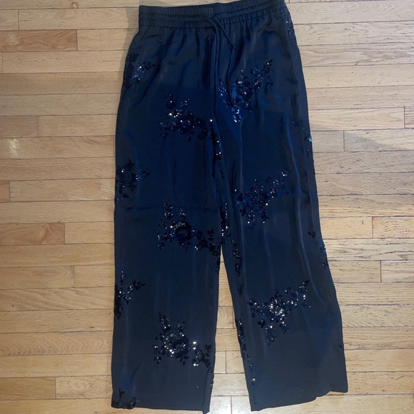 Brand New Rachel Zoe Black Satin Sequin Embellished Wide Leg Trousers - Picture 7 of 13